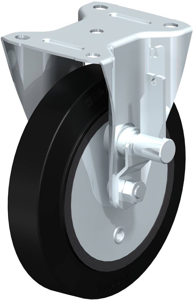 Schwenkrolle mit schwarzem Rad und Metallhalterung. Geeignet für schwere Lasten und vielseitige Anwendungen in Transportgeräten.