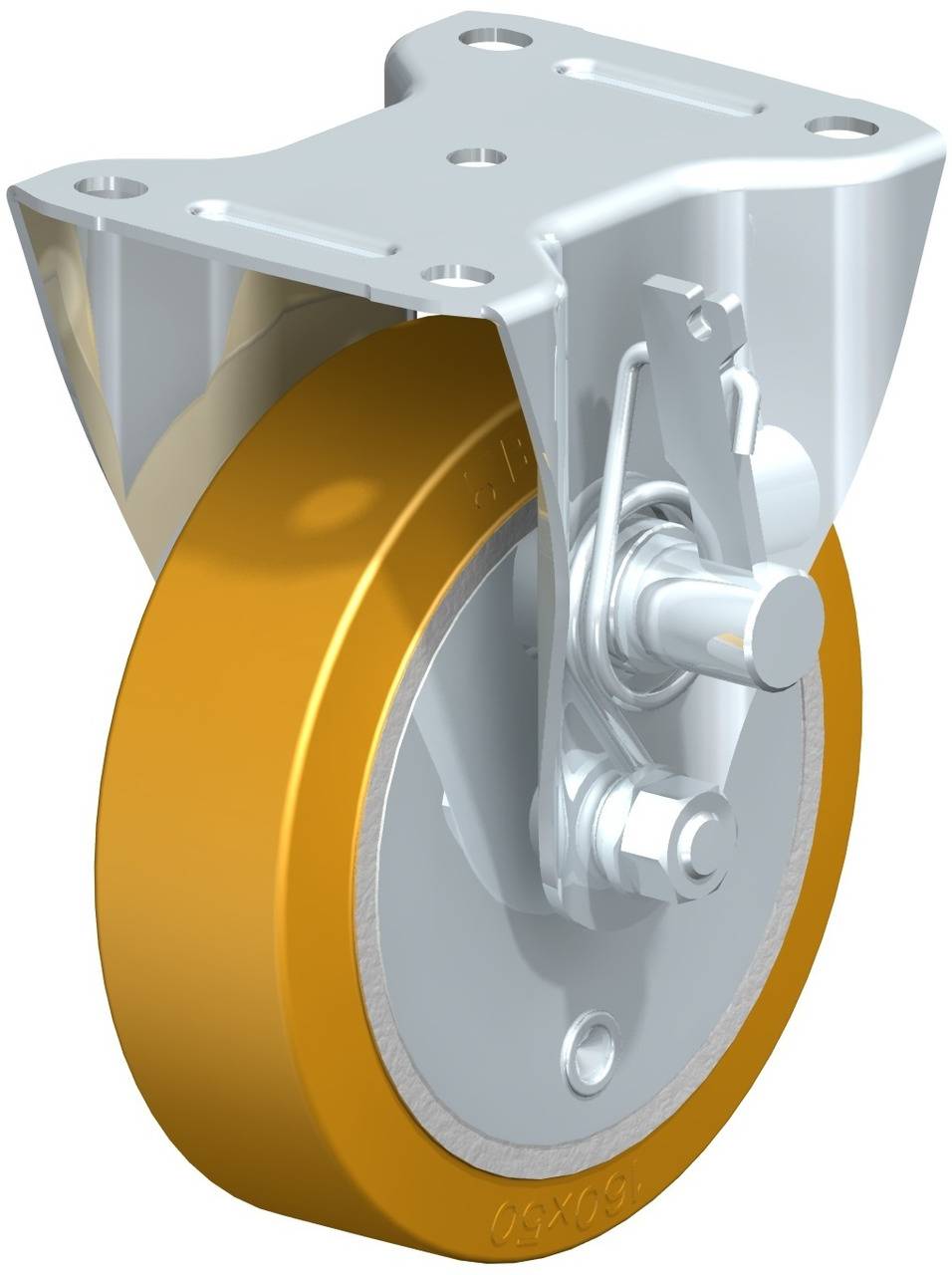 Eine drehbare Rolle mit einer orangen Gummireifenmontage und einer silbernen Metallhalterung, geeignet für den Einsatz in Industriegeräten.