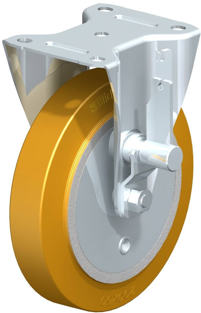 Industriefahrwerk mit gelbem Rad und silbernem Halterungssystem, geeignet für schwere Lasten und industrielle Anwendungen.