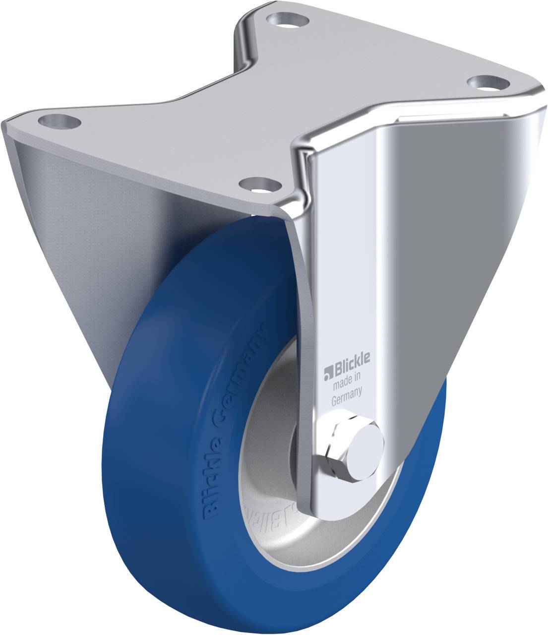 Schwenkrolle mit blauem Rad und silbernem Metallgehäuse, geeignet für Möbel oder Transportgeräte. Aufschrift: 'Blickle Germany'.