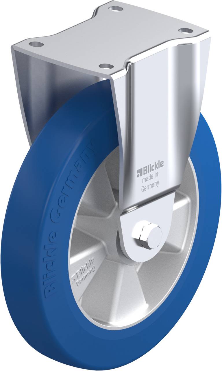 Blaues Polyurethan-Rad mit silbernem Metallgehäuse, Aufschrift 'Blickle Germany'.