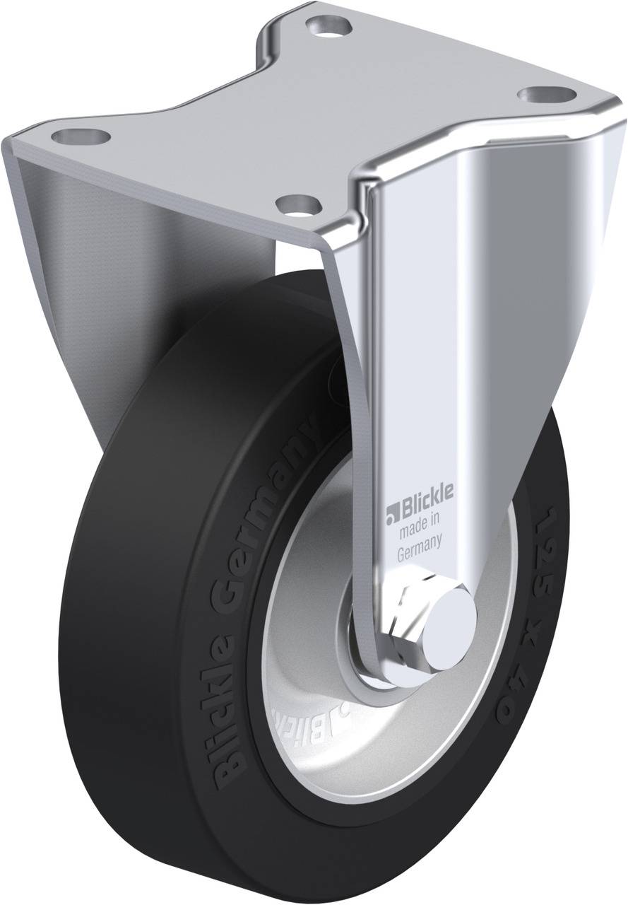 Schwenkrolle von Blickle, Gehäuse aus Metall mit schwarzem Rad. Text auf Rad: 'Blickle Germany', 'made in Germany', '125x40'.