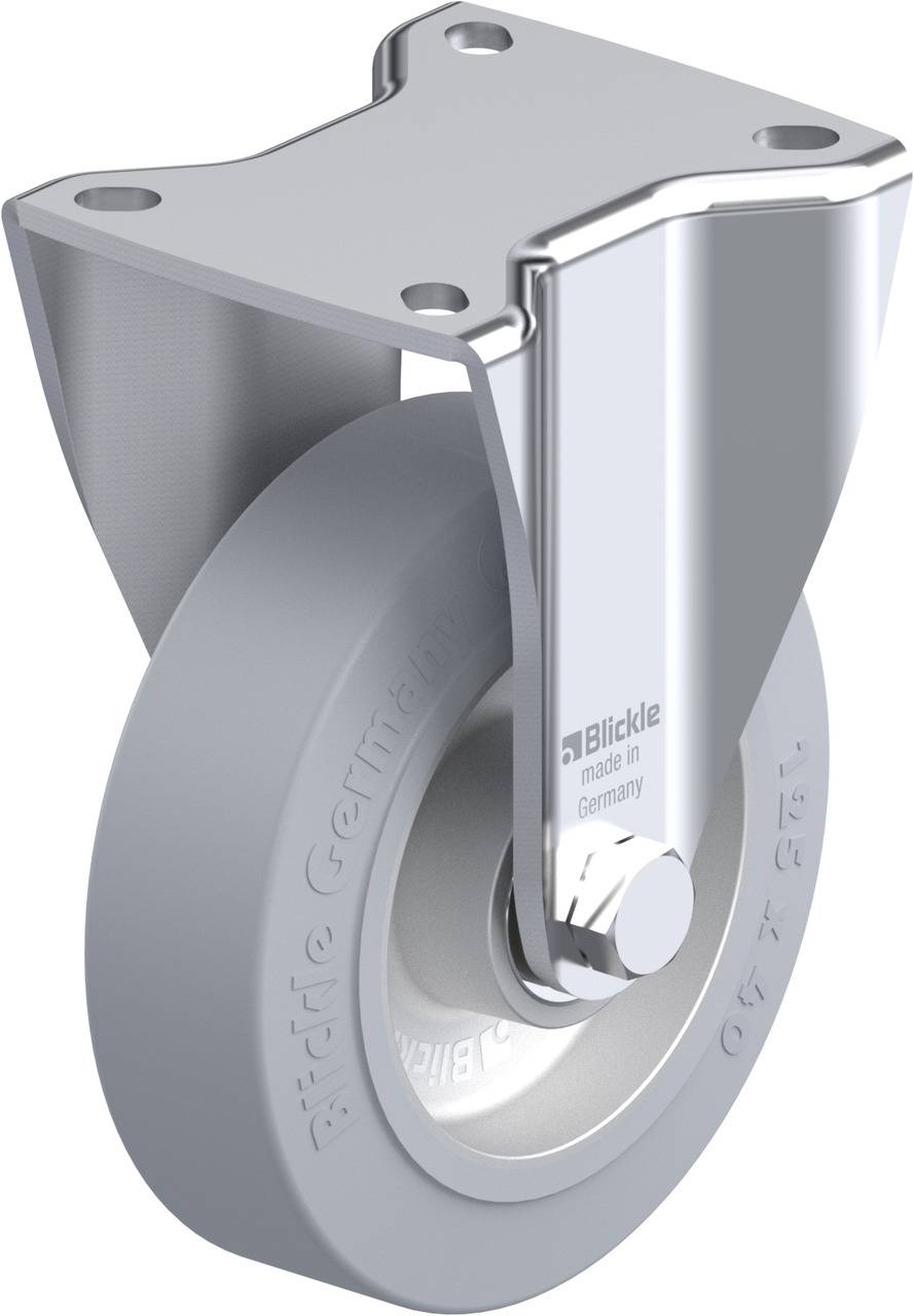 Schwenkrolle aus Metall mit einem grauen Rad, das mit 'Blickle made in Germany' beschriftet ist. Geeignet für den Einsatz an Möbeln oder Geräten.
