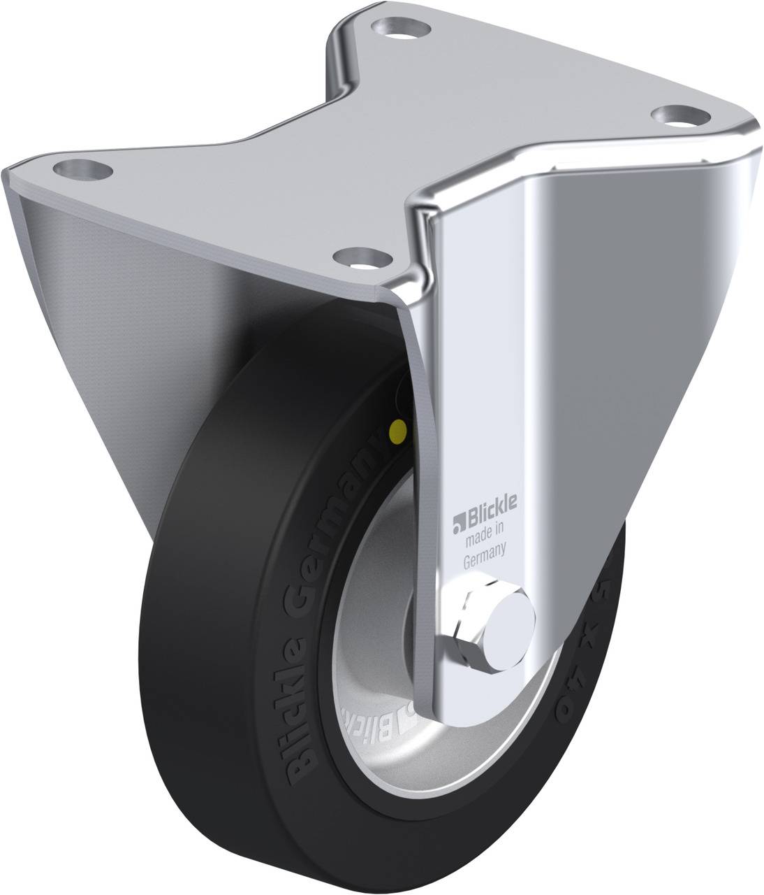 Metallrolle mit schwarzem Rad und silberner Halterung, Aufschrift 'Blickle', hergestellt in Deutschland.