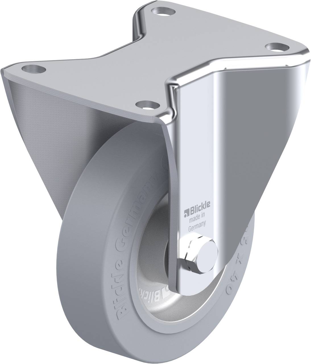 Metallrad mit grauer Gummibeschichtung, montiert in einem stabilen, silbernen Halter. Geeignet für Rollwagen oder Möbelstücke.