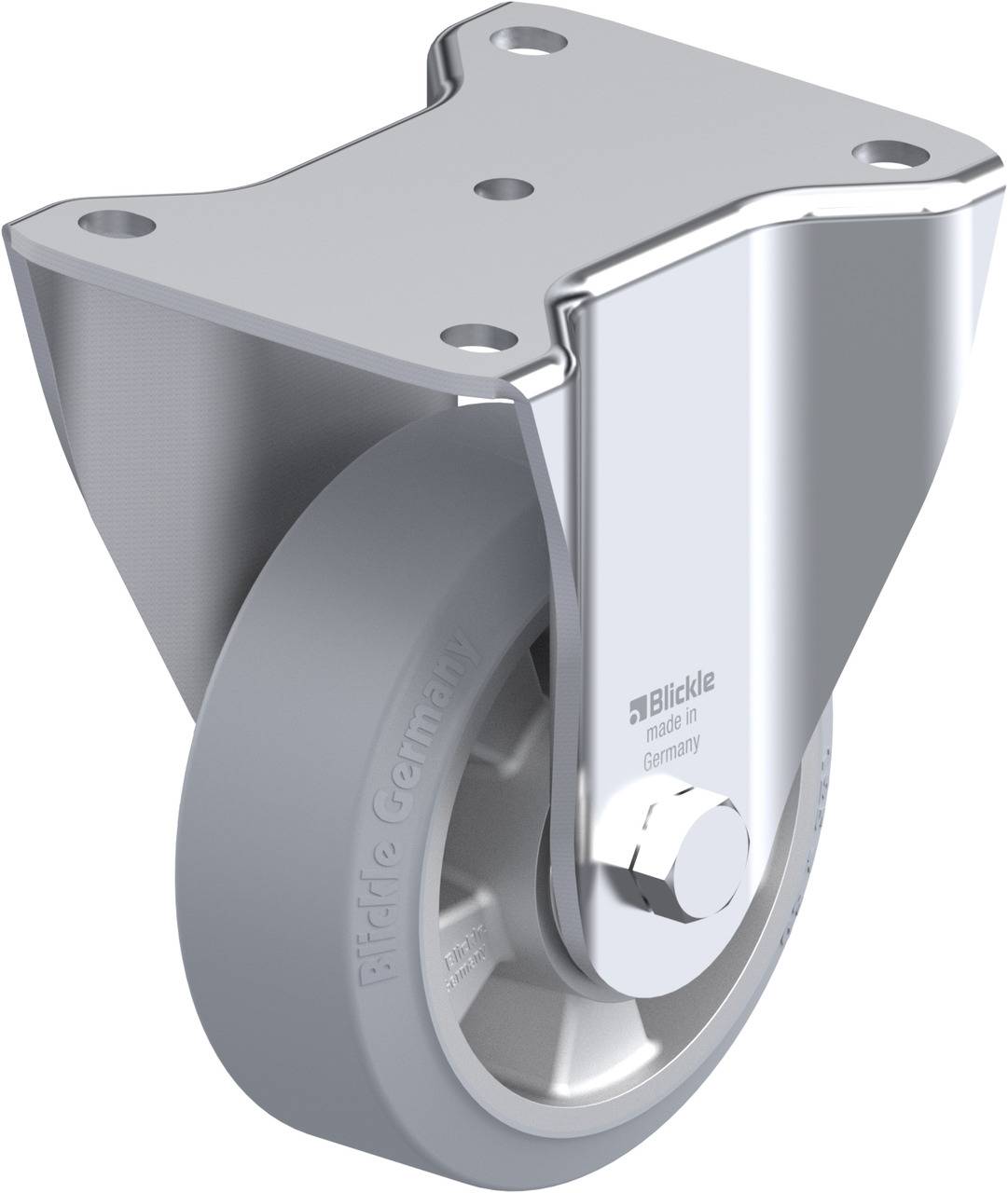 Industrie-Lenkrolle aus Metall mit grauem Rad, seitliche Befestigungsplatte, Markierung 'Blickle made in Germany'.