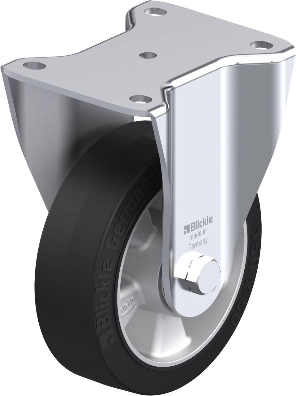 Schwenkrolle mit schwarzem Rad und silbernem Gehäuse, geeignet für schwere Lasten. Aufschrift am Rad: 'Blickle, made in Germany'.