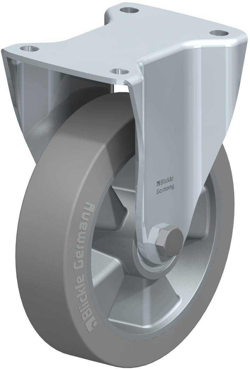 Graues Schwerlast-Lenkrollenrad mit silbernem Gehäuse, geeignet für industrielle Anwendungen, mit Firmenlogo 'Blickle Germany'.