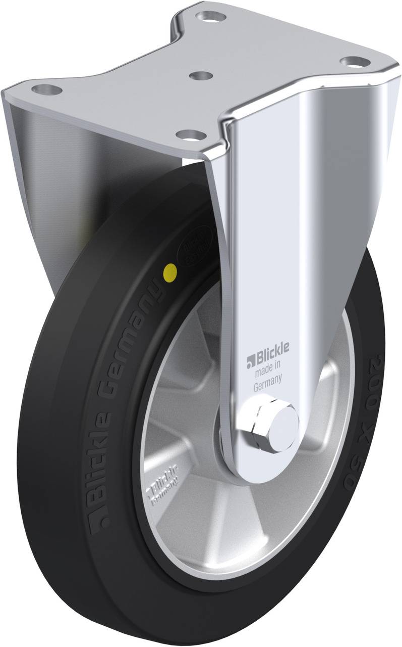 Metallische Lenkradrolle mit grauer Gummilauffläche und silberner Halterung. Inschrift auf dem Rad: 'Blickle, Germany'.