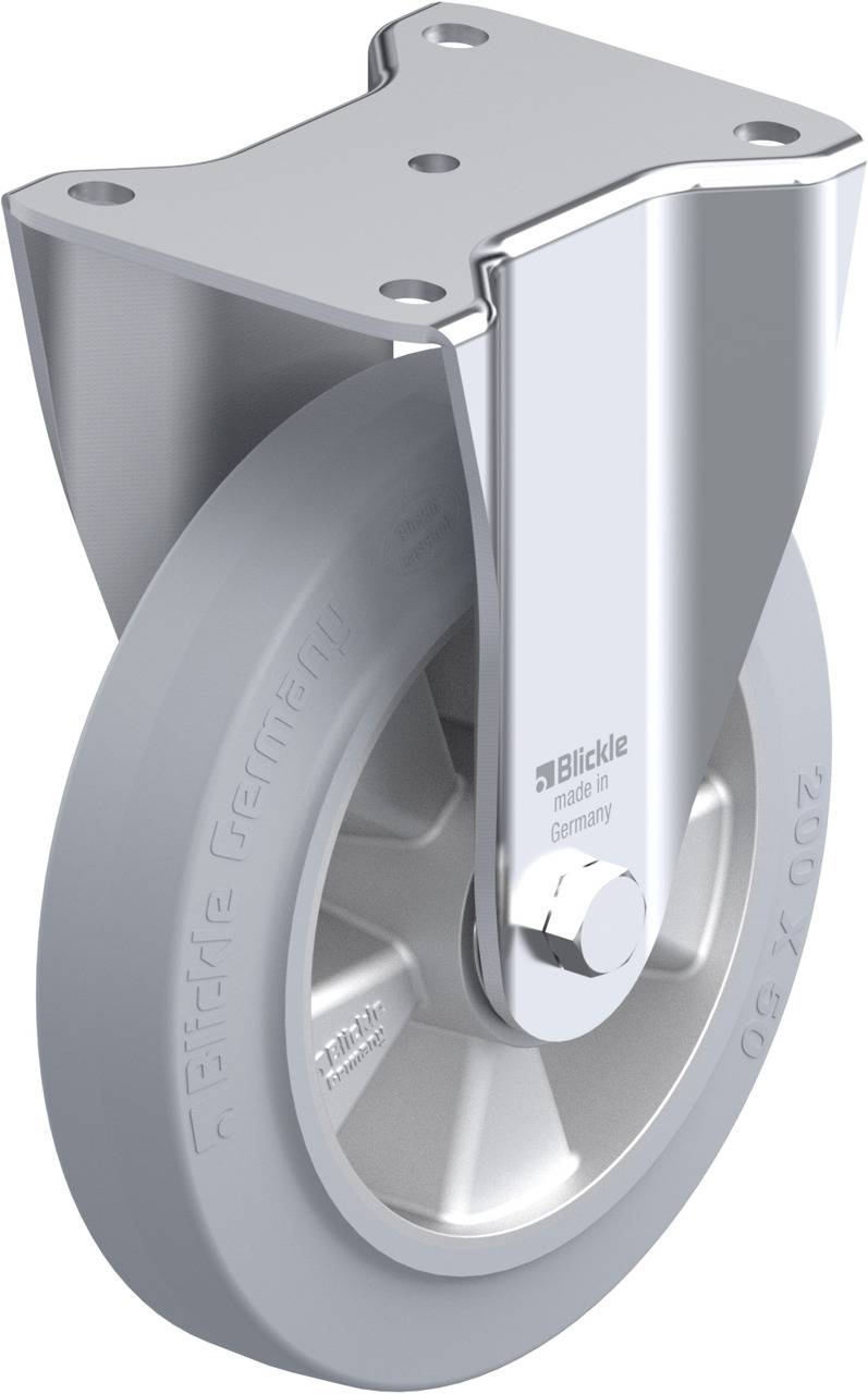 Graue Lenkrolle mit Metallhalterung, Prägung 'Blickle made in Germany'. Geeignet für Transportgeräte.