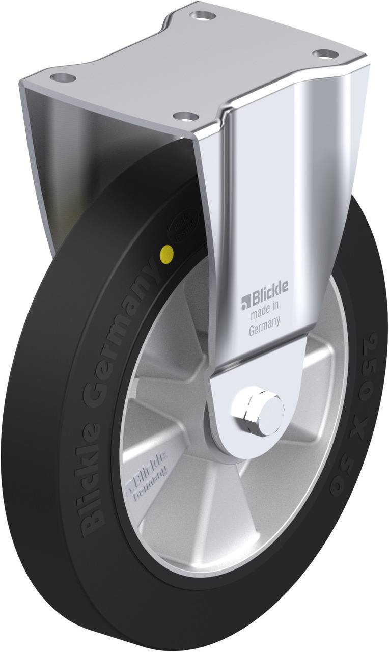 Schwenkrolle mit schwarzem Rad und silbernem Gehäuse. Aufdruck: 'Blickle made in Germany'.