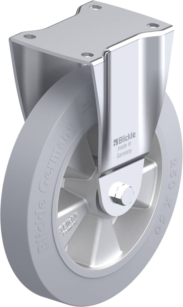 Metallrolle mit Befestigungsplatte, silber glänzend, mit Aufschrift 'Blickle made in Germany'. Ideal für industrielle Anwendungen.