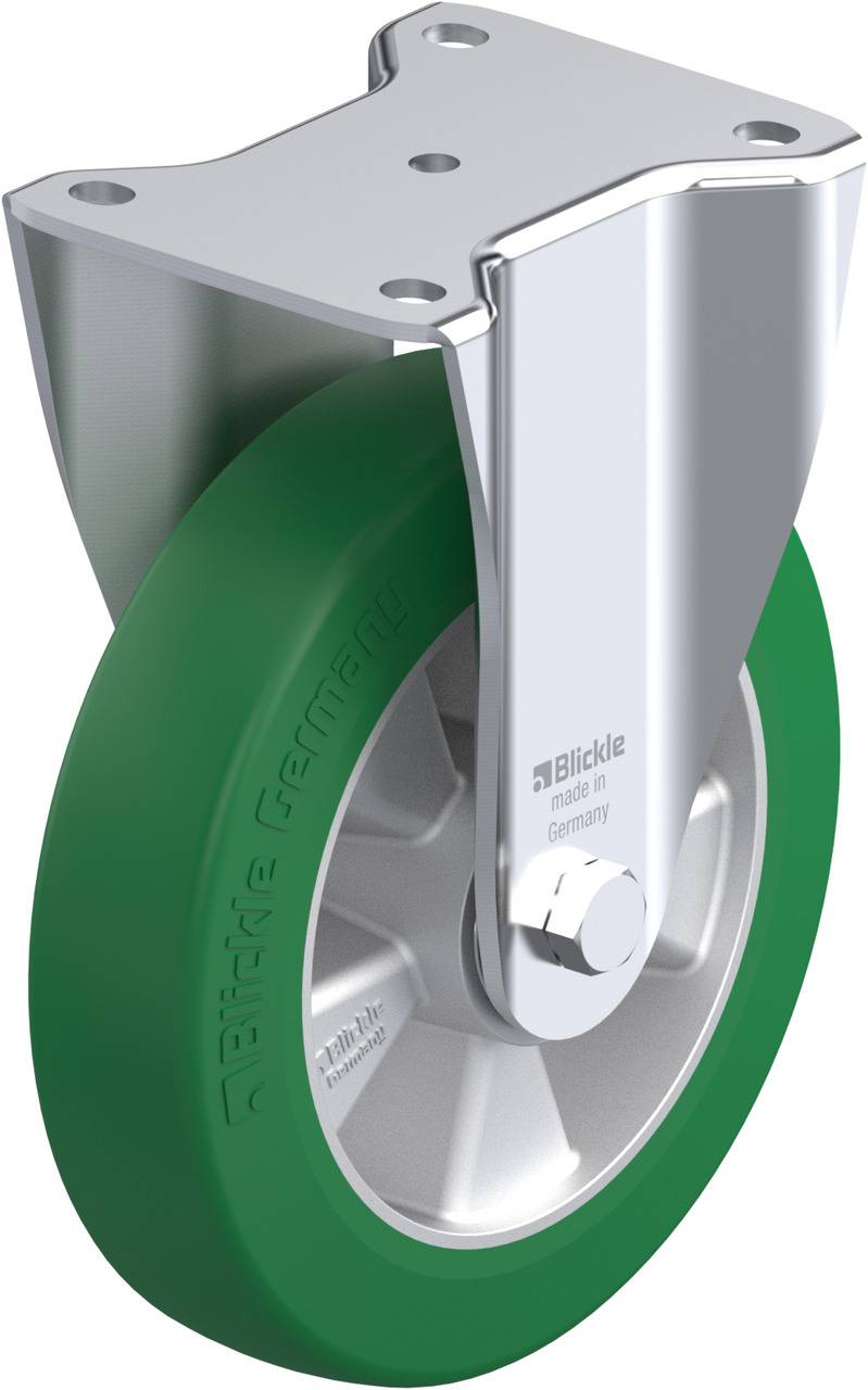 Industrielle Laufrolle mit grünem Rad und Metallhalterung. Markiert mit 'Blickle made in Germany'. Design für Schwerlastanwendungen.
