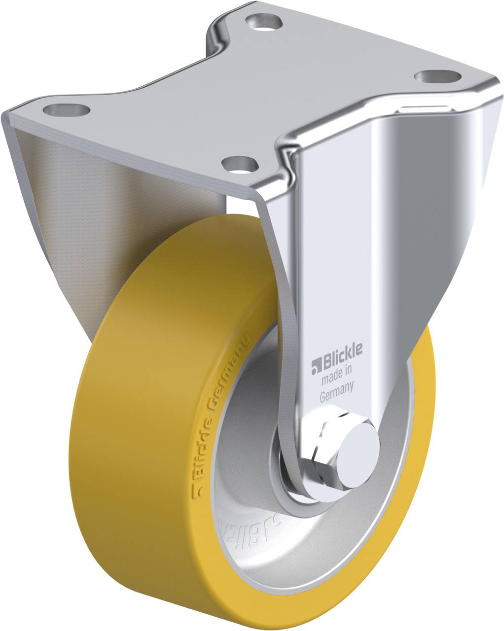 Ein gelbes Laufrollenrad mit Metallhalterung und Befestigungsplatte, geeignet für industrielle Anwendungen. Made in Germany.