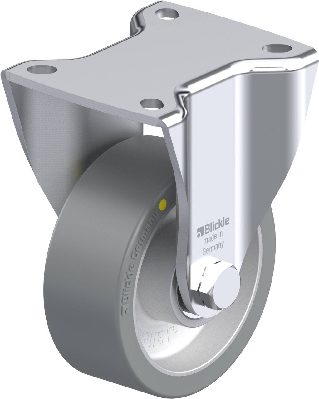 Schwenkrolle aus Metall mit grauem Rad und Halterung, geeignet für den Einsatz an mobilen Geräten oder Möbeln.