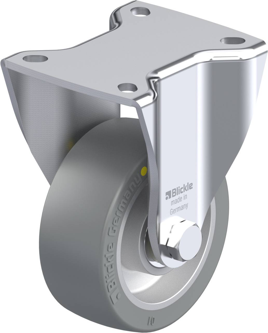 Graue Rolle mit silbernem Metallgehäuse. Aufschrift auf der Rolle: Blickle, Made in Germany.