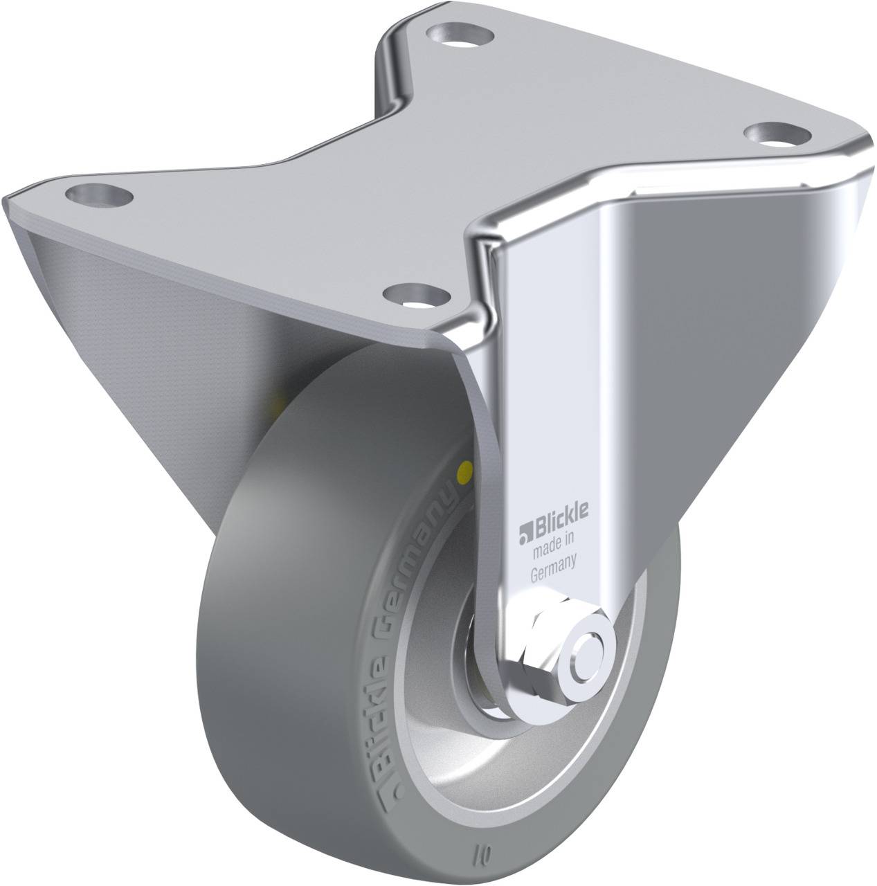Metallisches Lenkrollenrad mit grauer Gummibereifung und Befestigungsplatte aus Stahl. Markenname 'Blickle' sichtbar an der Rolle.