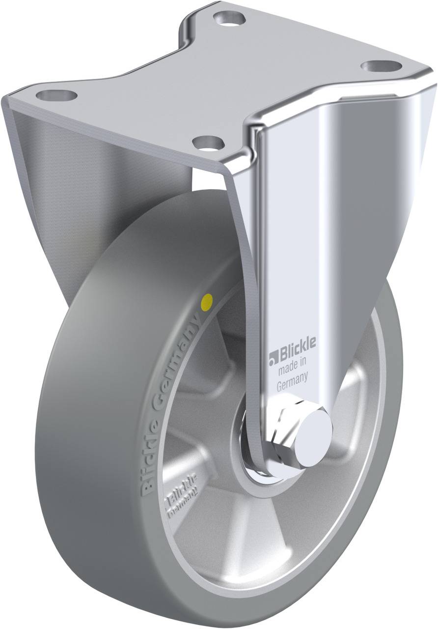 Drehbare Rolle aus Metall mit stabilem Gehäuse und grauem Rad, geeignet für industrielle Anwendungen und Maschinenmobilität.