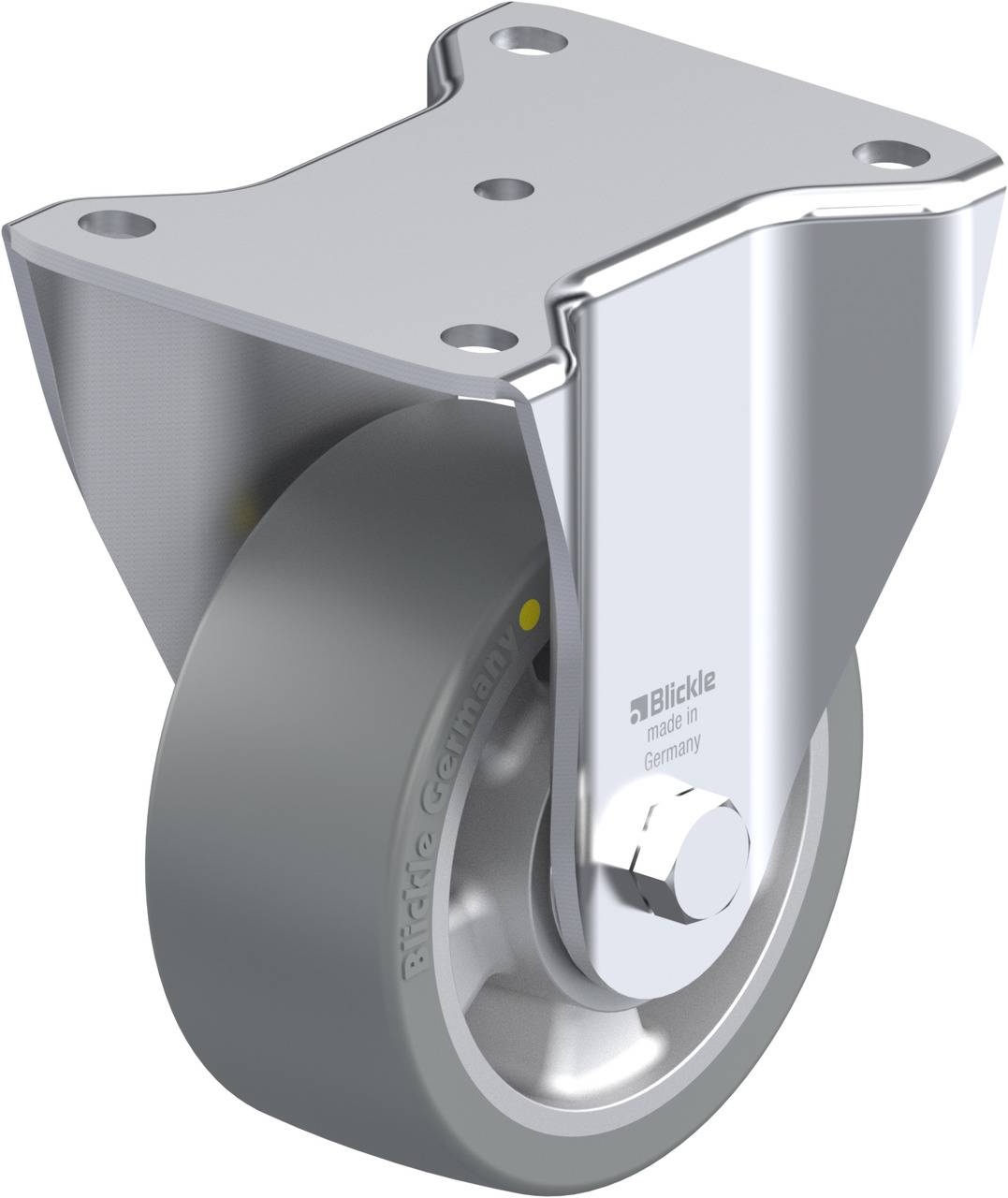 Schwenkrolle aus Metall mit grauem Rad, geeignet für Industrieanwendungen. Quadratische Halterung zur Befestigung an Geräten.