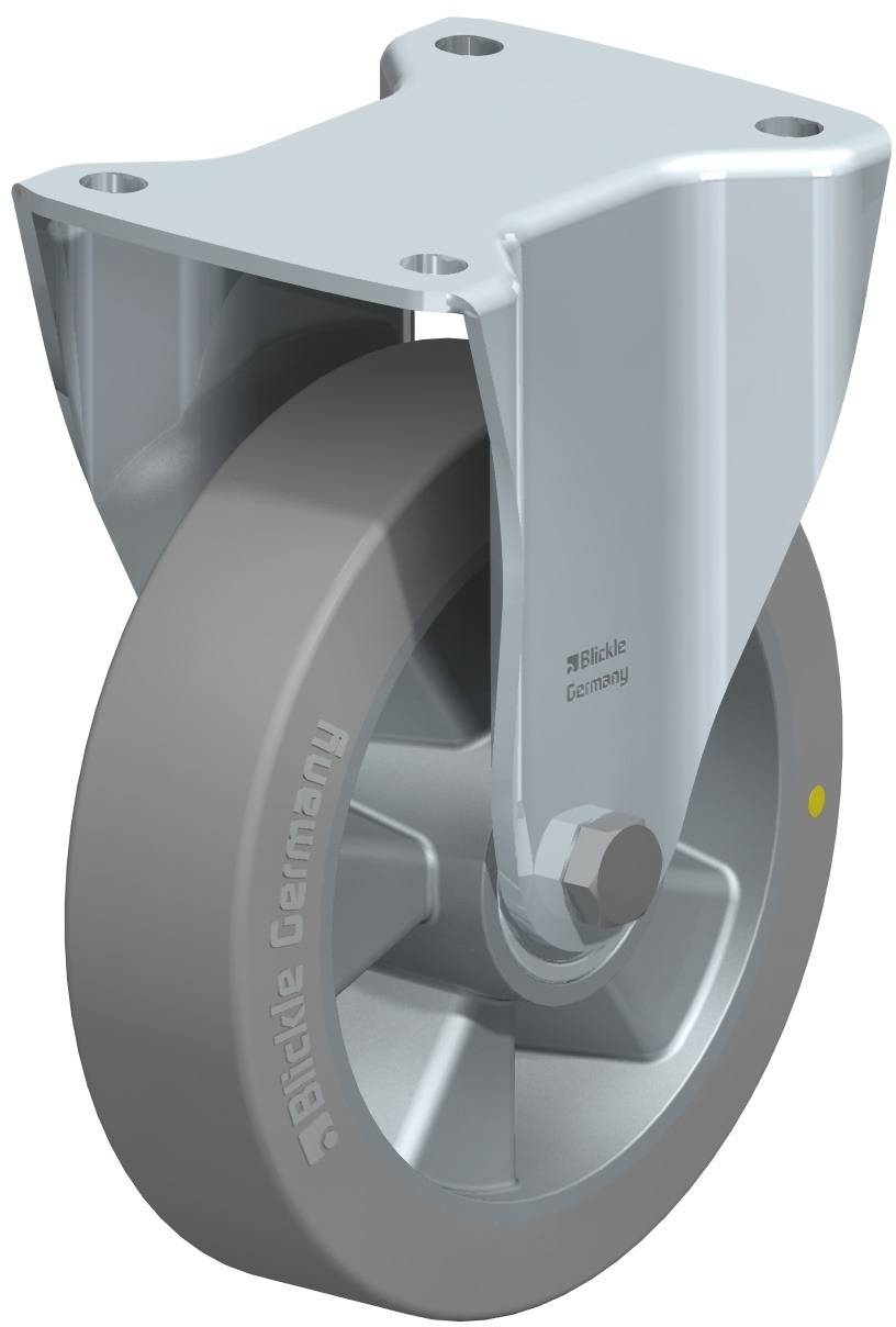 Graue, robuste Industriefeststellrolle mit Metallhalterung, seitlicher Beschriftung 'Blickle Germany'.