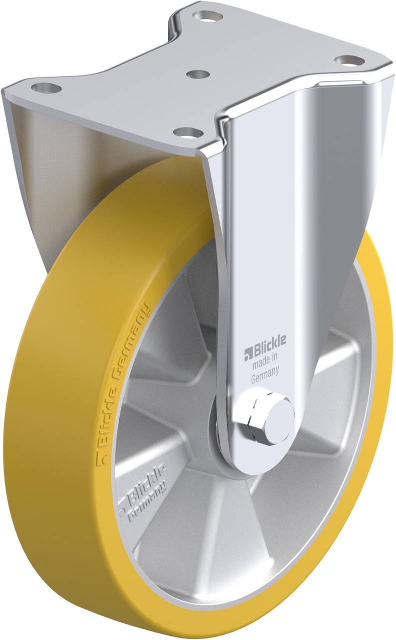 Rollenbock mit gelbem Rad und silberner Halterung, von Bicke.