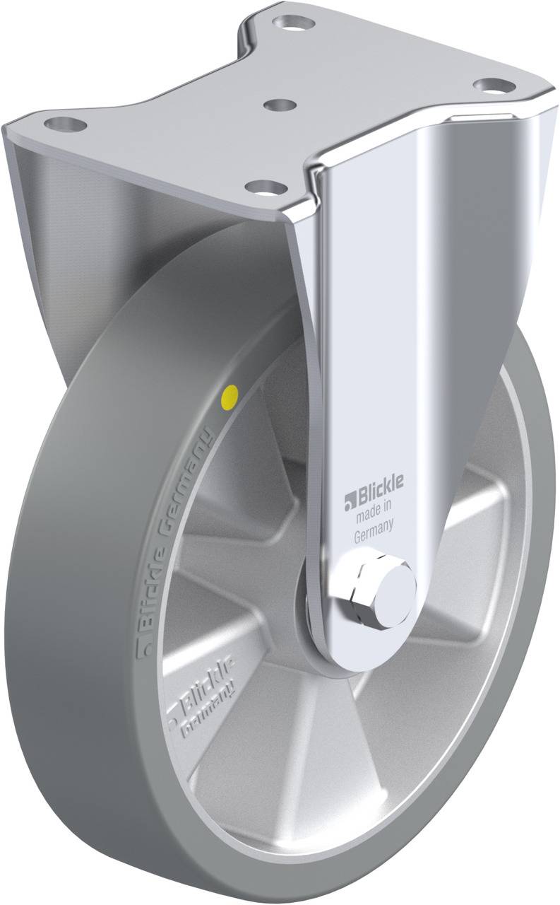 Industrie-Schwenkrolle mit grauem Rad, Metallhalterung und Aufschrift 'Blickle made in Germany', geeignet für schwere Lasten.