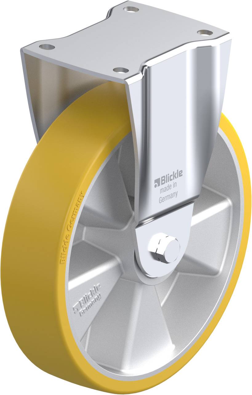 Industrie-Rolle mit gelbem Rad und metallischer Halterung, auf der 'Blickle made in Germany' steht; robuste Bauweise für schwere Lasten.