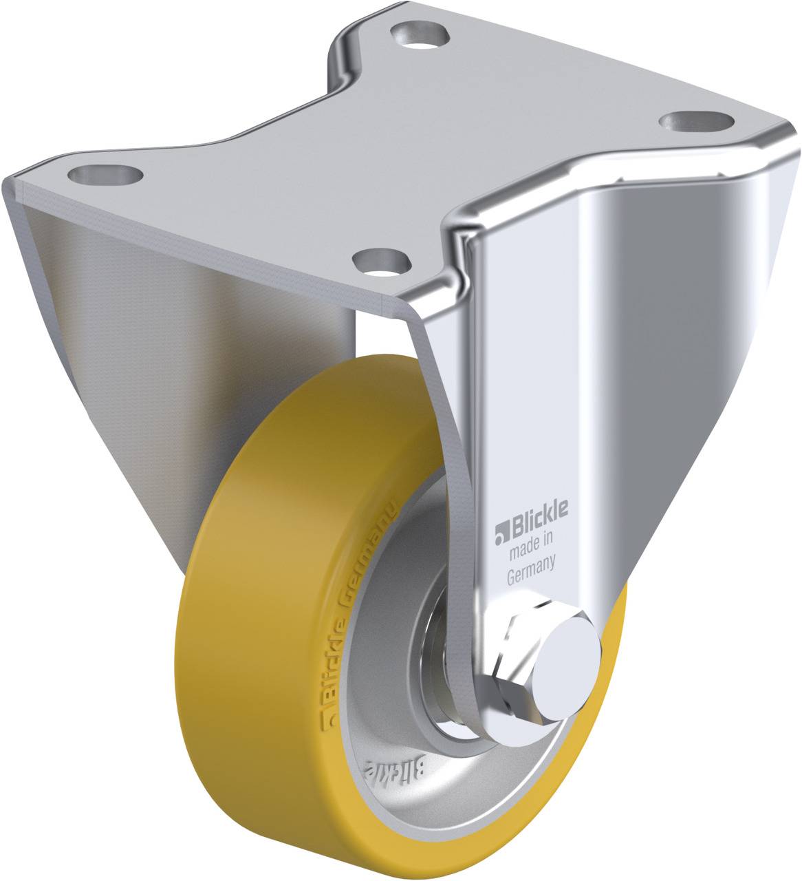 Ein Schwerlast-Lenkrolle mit gelbem PU-Rad und silbernem Metallgehäuse, geeignet für industrielle Anwendungen.