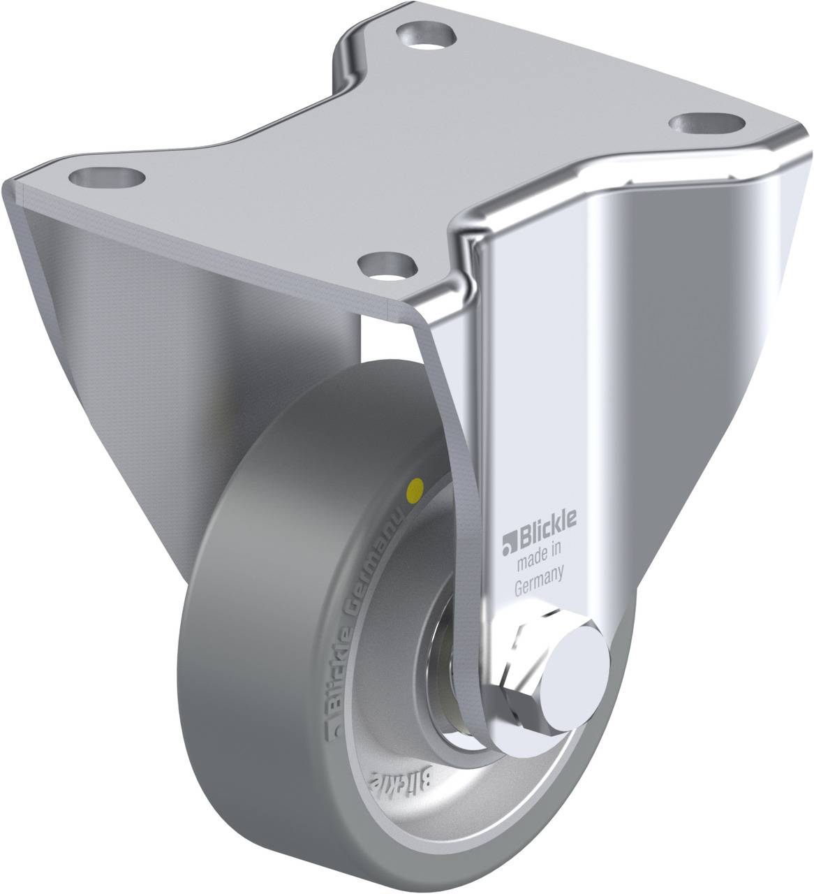 Ein industrielles Metall-Lenkrolle mit grauer Gummibereifung, montiert auf einer rechteckigen Stahlplatte, wird dargestellt.