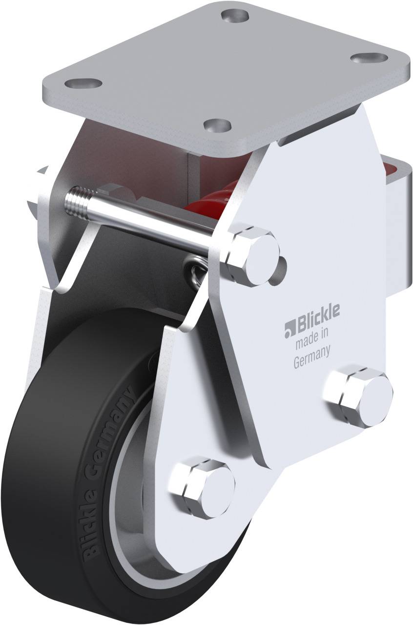 Industrie-Lenkrolle aus Metall mit schwarzem Gummirad, seitlicher Halterung und Beschriftung 'Blickle made in Germany'.