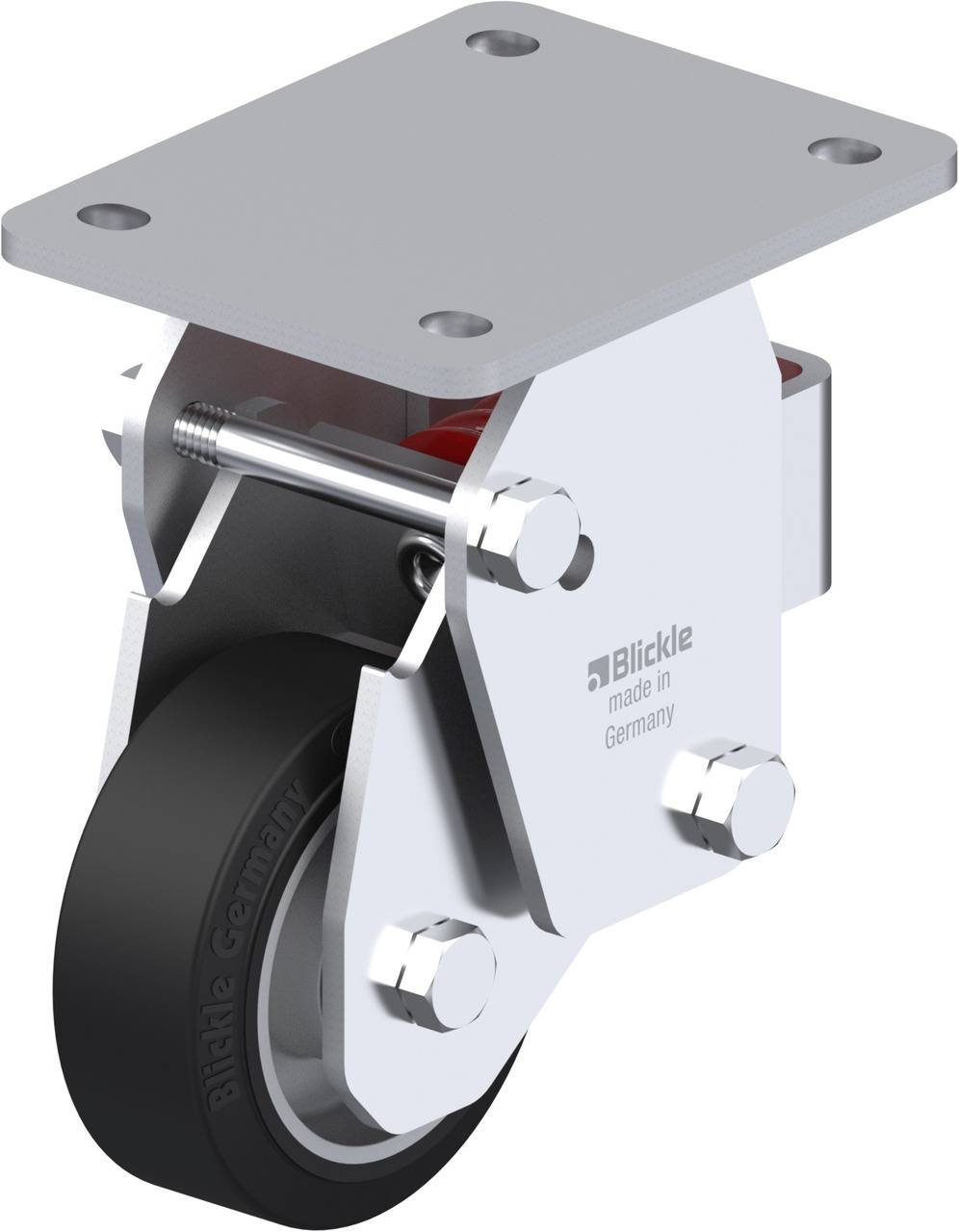 Schwenkrolle von Blickle mit schwarzem Rad und silbernem Gehäuse, Aufschrift 'made in Germany', auf grauem Hintergrund.