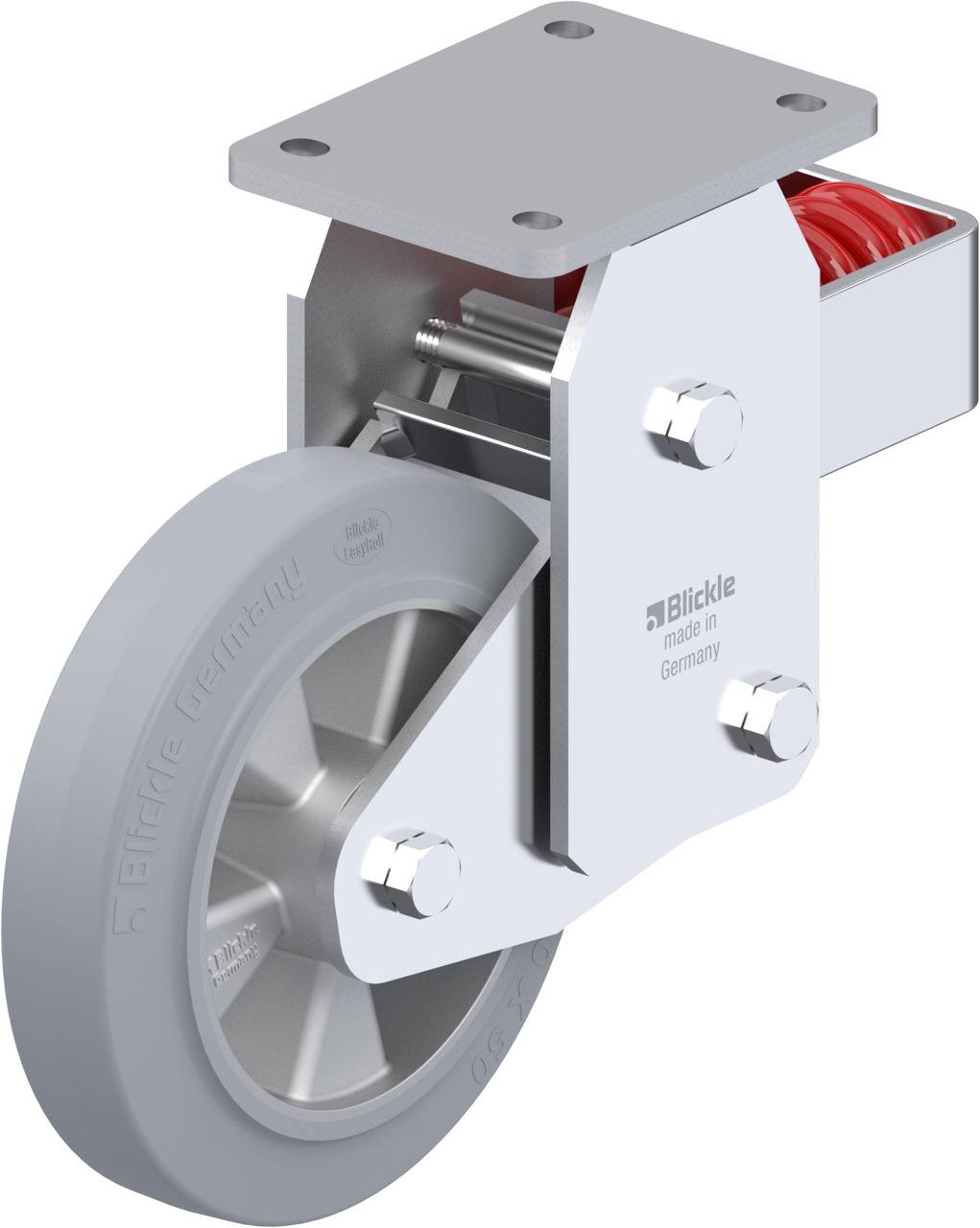 Schwenkrolle mit grauem Rad und Metallhalterung, geeignet für schwere Lasten. Schraubenbefestigung und rotierende Lager.
