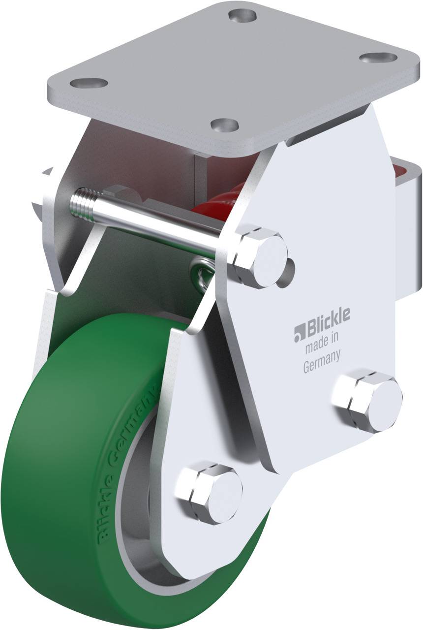 Schwenkrolle mit grünem Rad und silbernem Gehäuse, Marke 'Blickle', 'made in Germany' Aufschrift.