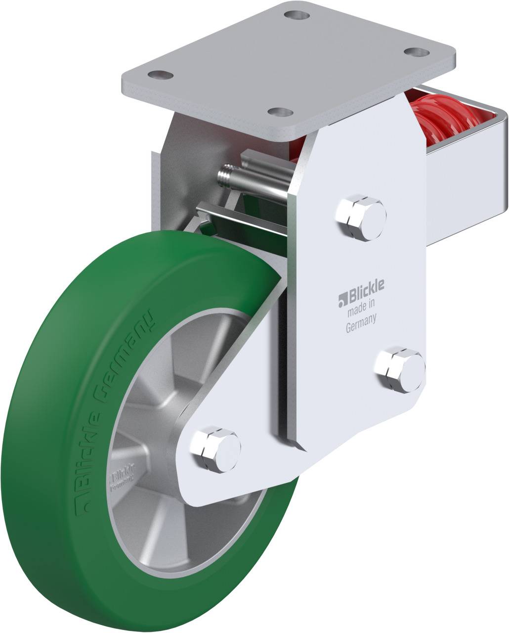 Rollen mit grünem Gummirad und metallischer Halterung. Hergestellt in Deutschland von 'Blickle'. Einsatz für Transportwagen oder Möbel.