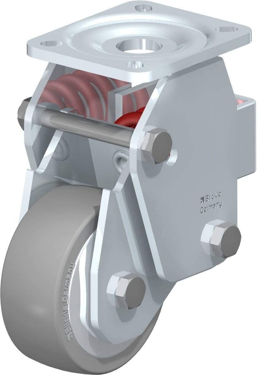 Industrie-Schwenkrolle mit grauem Rad und Metallgehäuse, ausgestattet mit roten Federn zur Dämpfung, verwendet für Geräte oder Möbel.