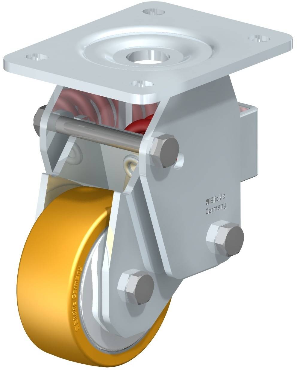 Das Bild zeigt eine Kunststoffrolle mit einem Metallgehäuse, das zur Befestigung an einem Gerät oder Möbelstück dient.