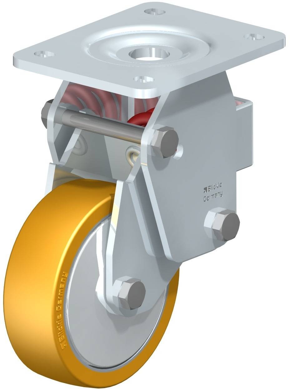 Eine Schwerlastrolle mit einem drehbaren, starren Gehäuse und einem gelben Rad. Geeignet für industrielle Anwendungen.