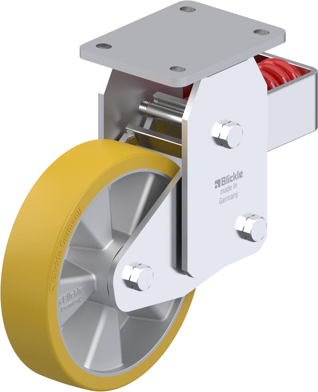 Metallisches Schwerlast-Lenkrolle mit gelbem Rad, robuster Halterung und rotem Stoßdämpfer. Geeignet für Industrieanwendungen.