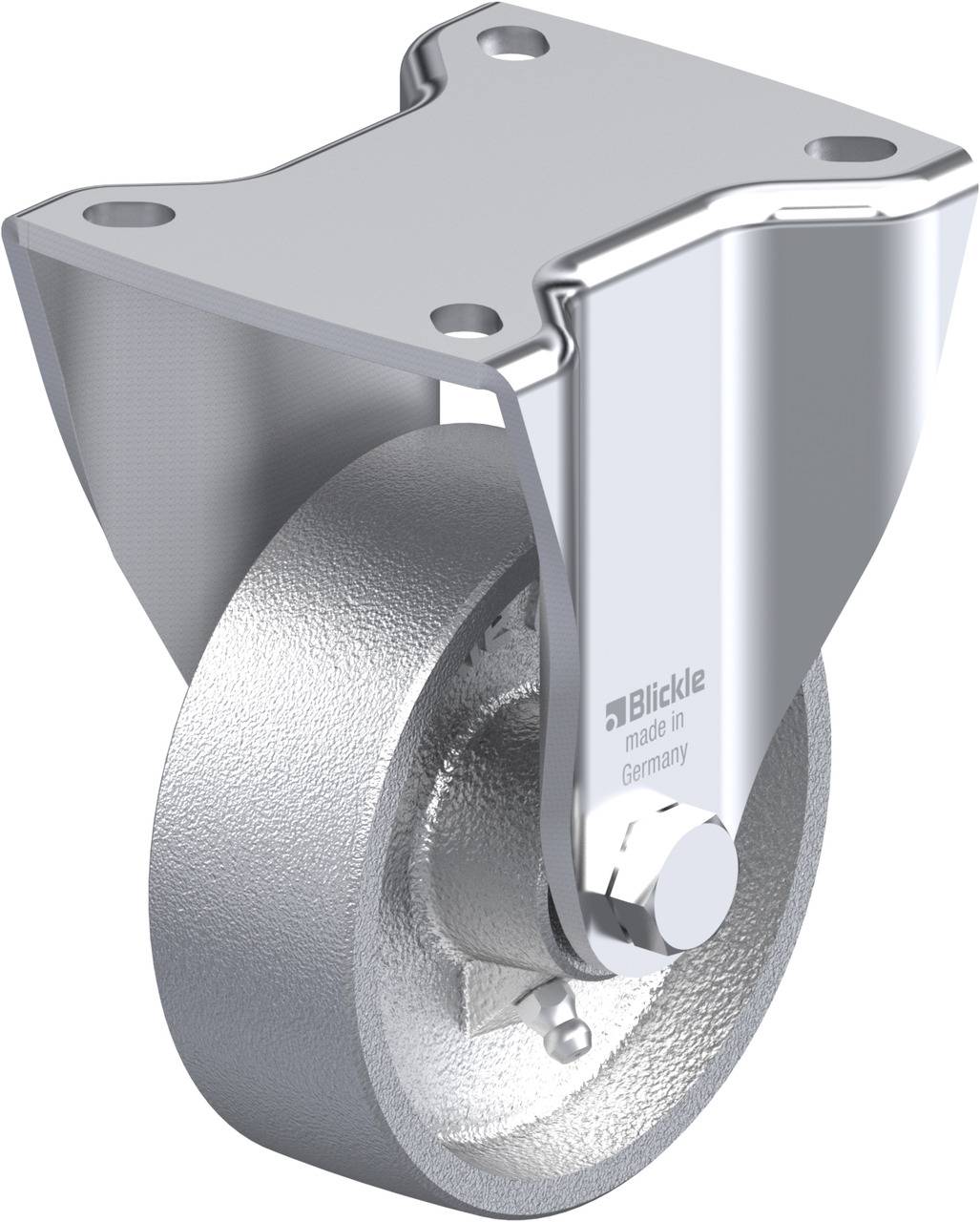 Eine silberne Schwerlastrolle mit Metallplatte und fahrbarem Rad aus Metalllegierung, geeignet für industrielle Anwendungen.