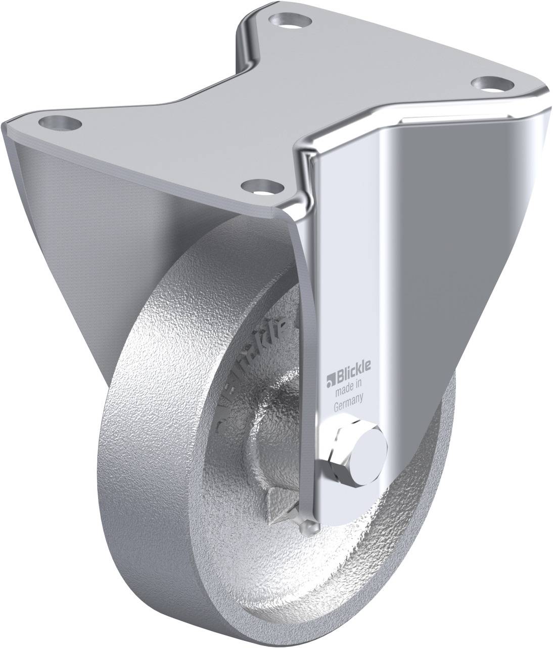 Schwenkrolle aus Metall mit grauer Radfläche und Befestigungsplatte, geeignet für schwere Lasten.