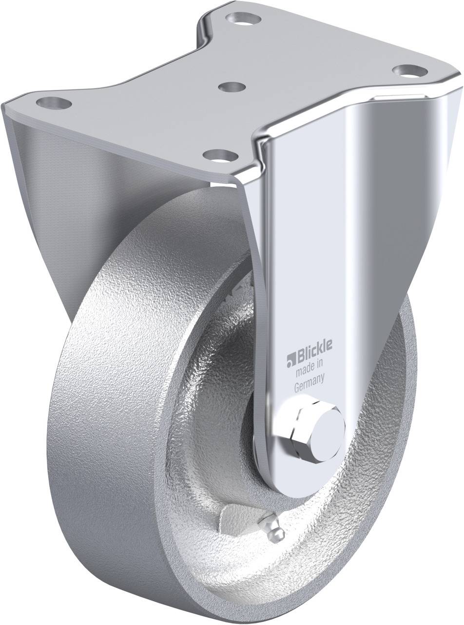 Graue Metallrolle mit Halterung, geeignet für schwere Lasten. Vier Befestigungsbohrungen auf der oberen Platte, hergestellt in Deutschland.