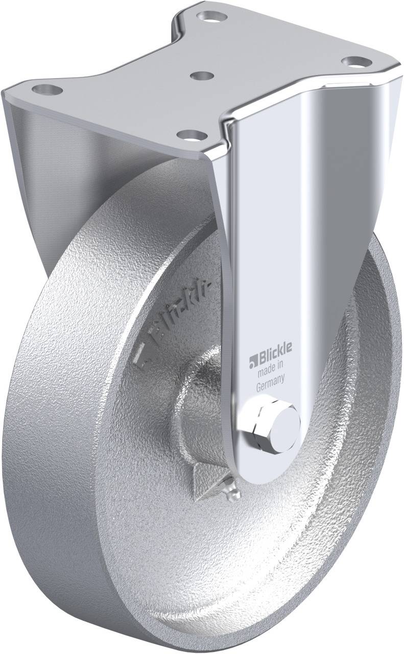 Metallrahmen mit Rad aus Aluminiumguss, geeignet für schwere Lasten. Markiert mit 'Blickle made in Germany' auf der Radgabel.