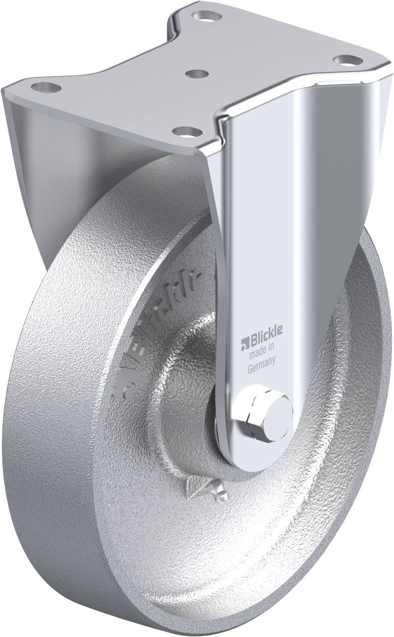 Industrie-Rolle aus Metall mit einem robusten Halter, geeignet für schwere Lasten. Der Name 'Blickle' ist auf der Rolle eingraviert.