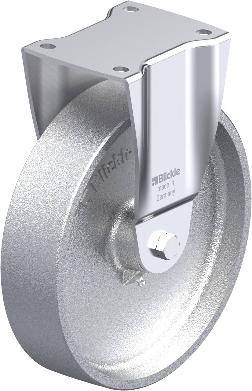 Industrie-Laufrolle aus Metall mit einer Befestigungsplatte, beschriftet mit 'Blickle made in Germany'.