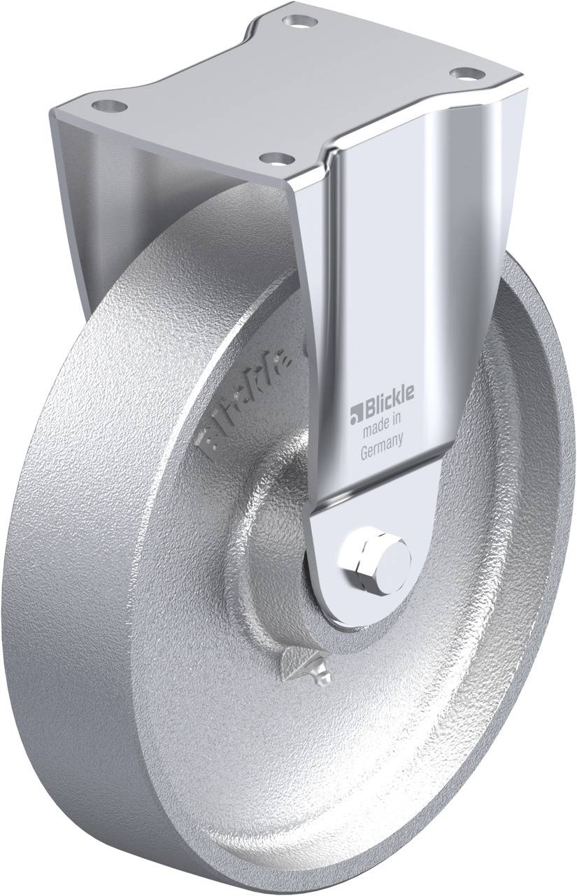 Metallrad mit silbernem Halter, Aufschrift 'Blickle made in Germany'.