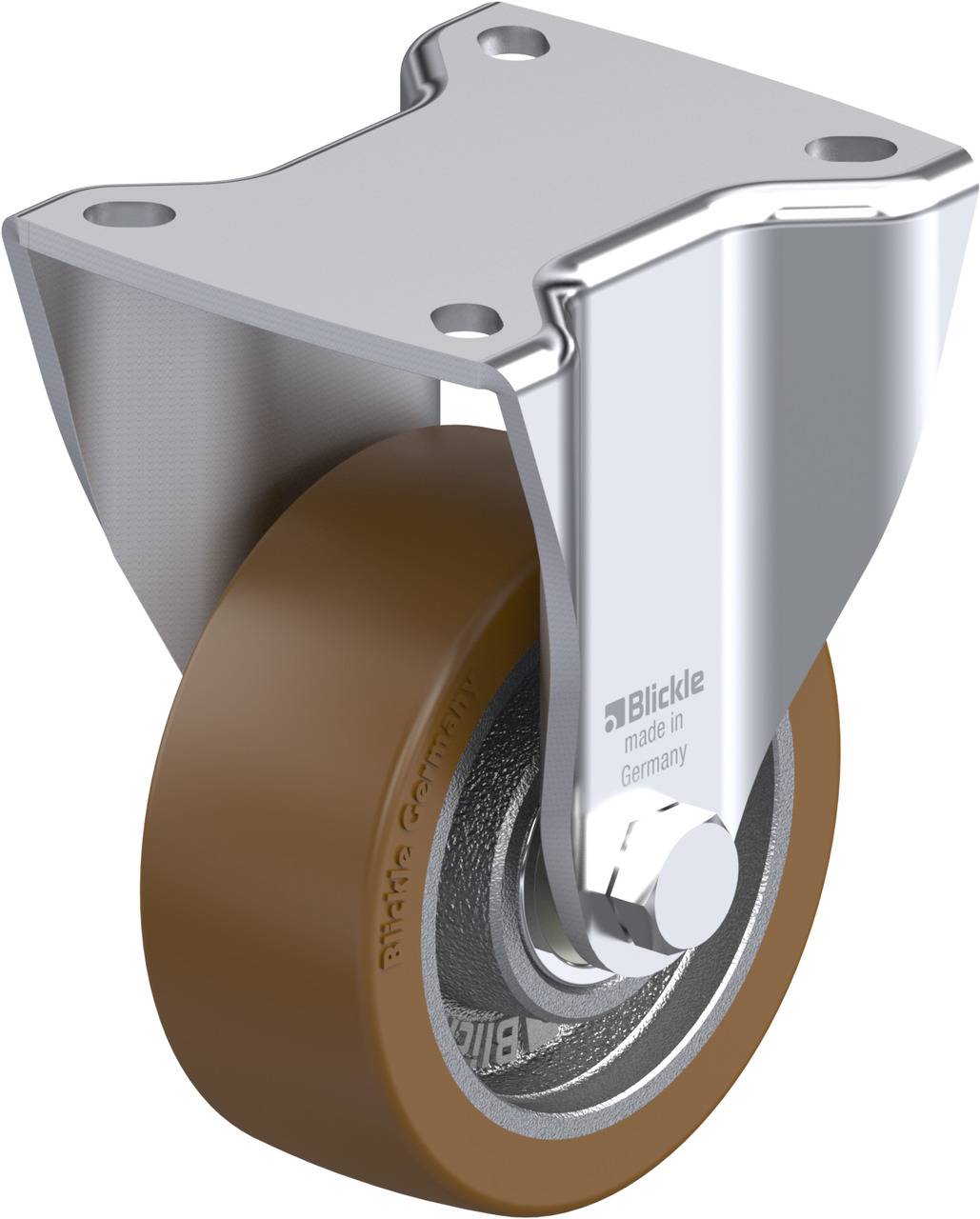 Metallrolle mit braunem Rad und silbernem Halter, darunter ein 'Blickle made in Germany' Schriftzug.