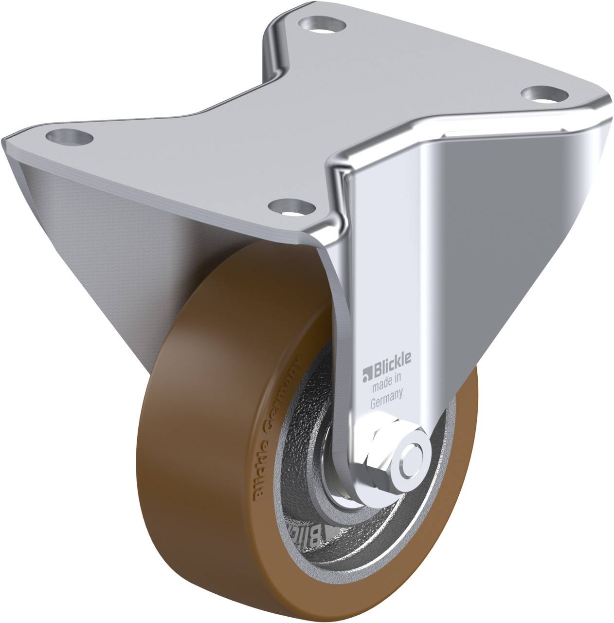 Metallrolle mit braunem Rad, montiert an einer Halterung. Geeignet für industrielle Anwendungen und schwere Lasten.