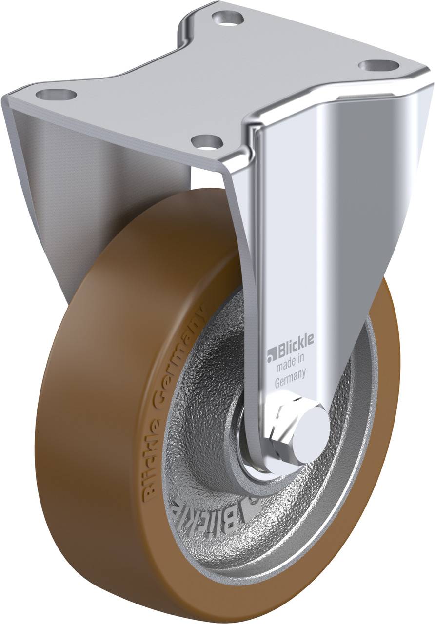 Industrie-Lenkrolle mit braunem Rad und silbernem Gehäuse, geeignet für schwere Lasten. Herstellermarke auf Rad sichtbar.