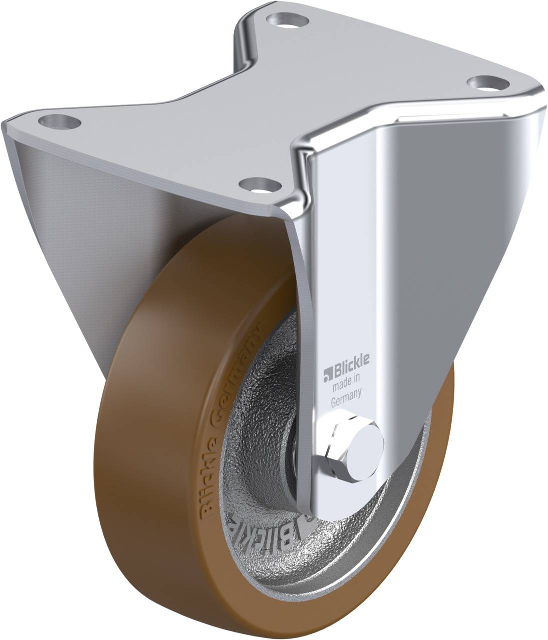 Ein drehbares, metallisches Transportlenkrollengehäuse mit einer braunen Gummiradabdeckung. Markiert mit 'Blickle Germany'.