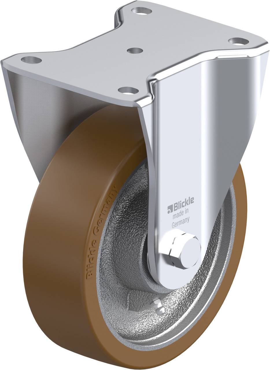 Metall-Tellergelenkrolle mit braunem Rad und silbernem Gehäuse, auf der Seite steht 'Blickle made in Germany'.